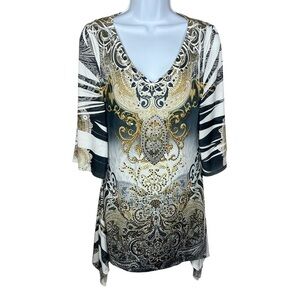 White Gold Black Rhinestone Accent V Neck Stretch Tunic Blouse R Rouge